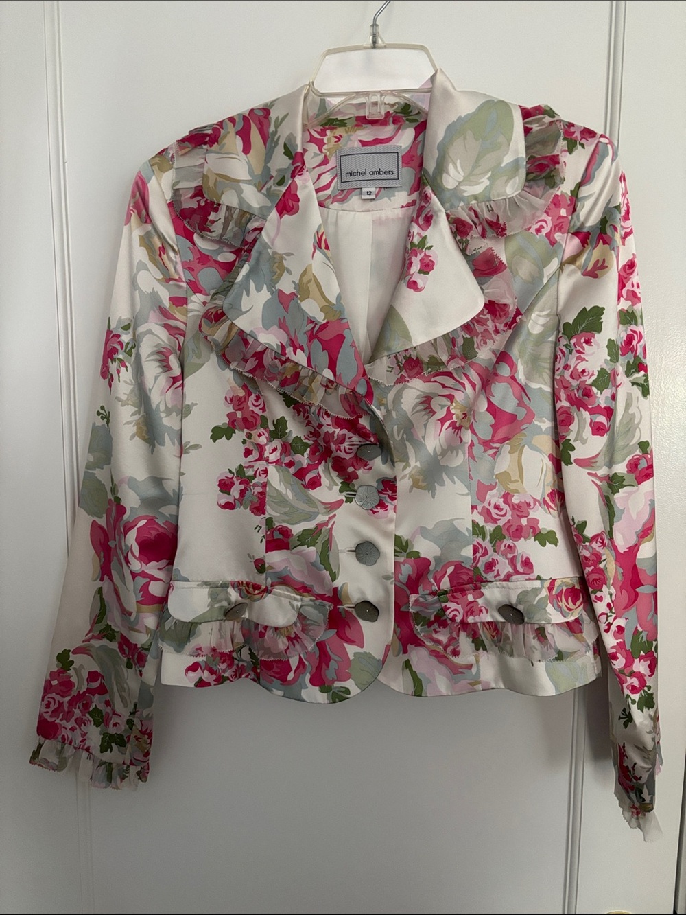 Michel Ambers Floral Ruffle-Trim Cropped Blazer - White & Pink